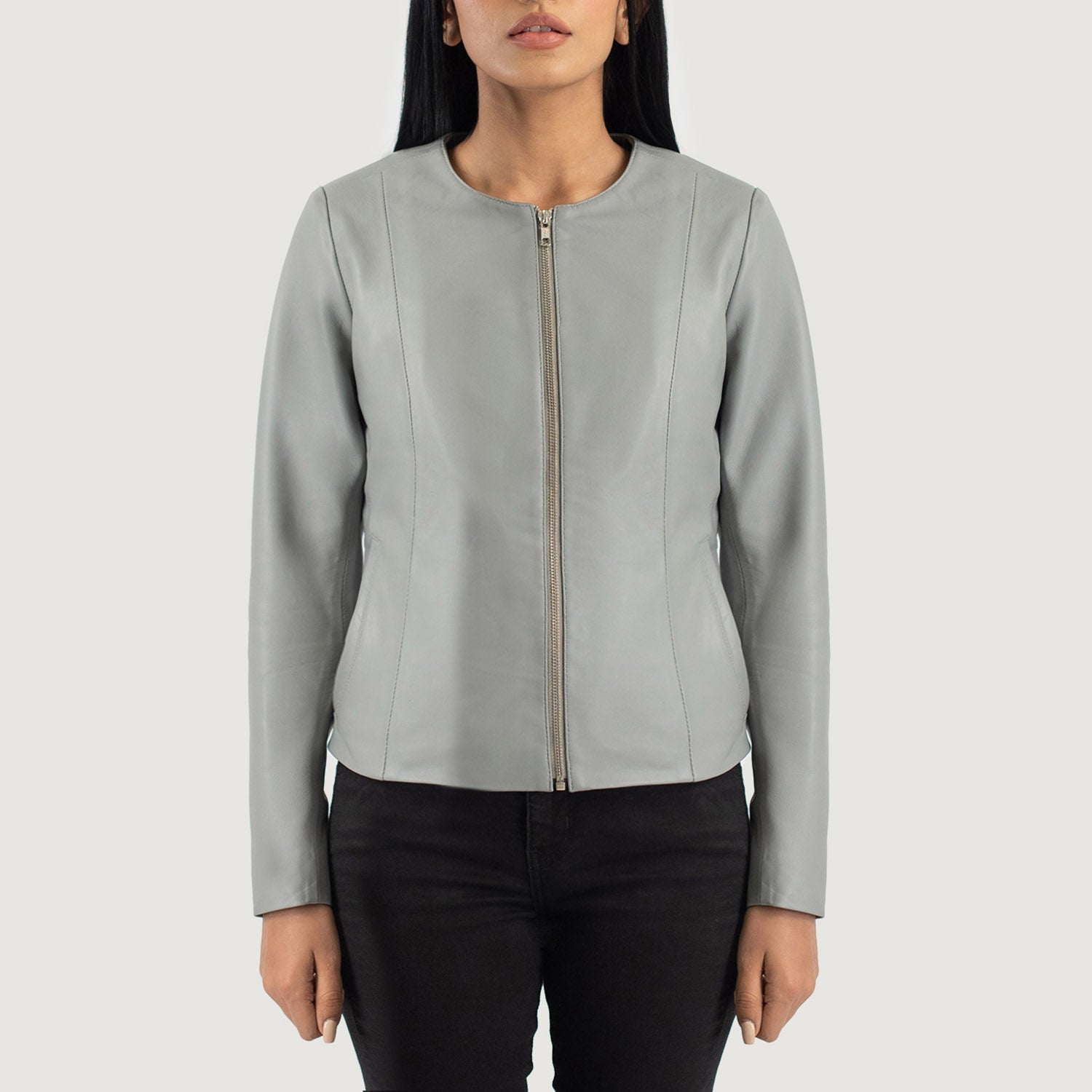 Grey leather jackets for ladies online